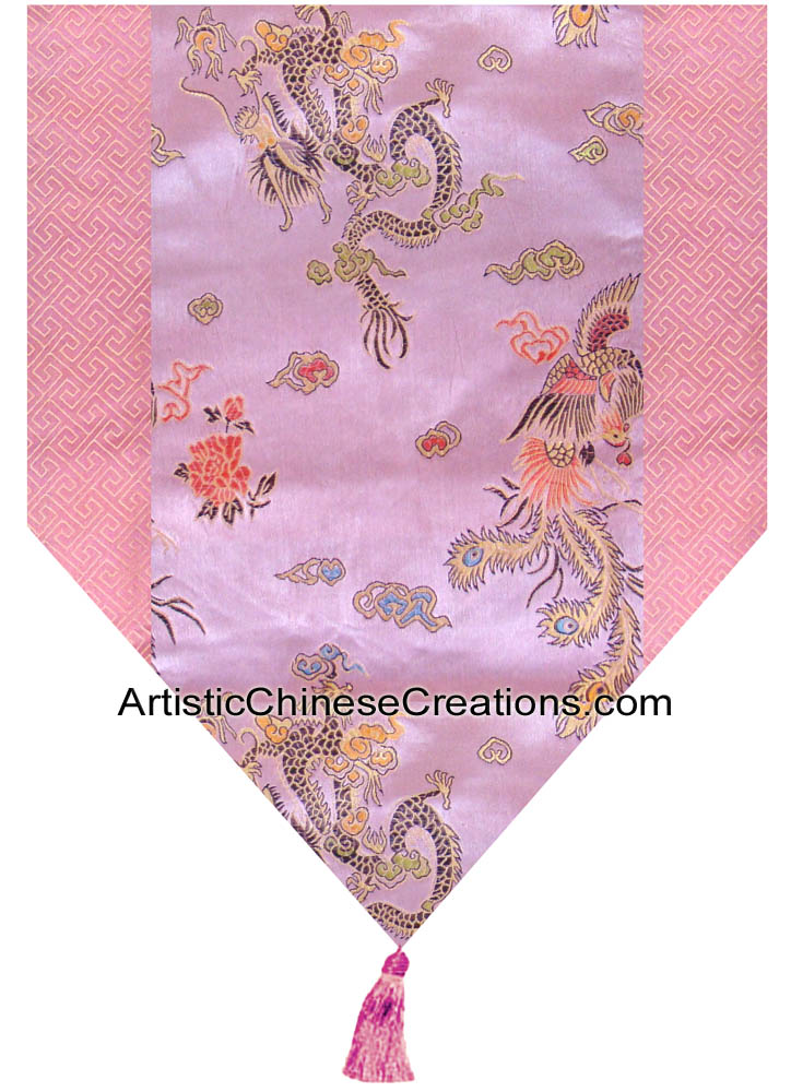 Chinese Silk Table Runner Dragon & Phoenix Symbols, Silk Table