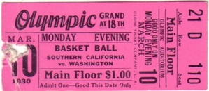 1930 USC Trojans vs. Washington Huskies college basketball ticket stub