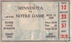 1938 Notre Dame vs Minnesota college football ticket stub (Elmer Layden coaches Irish to 300th Victory)