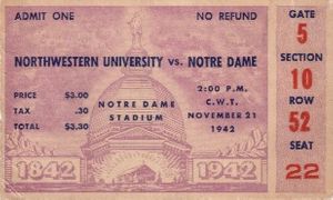 1942 Notre Dame vs Northwestern college football ticket stub (Frank Leahy)