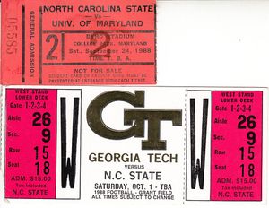 1988 North Carolina State Wolfpack football lot of 2 road game ticket stubs