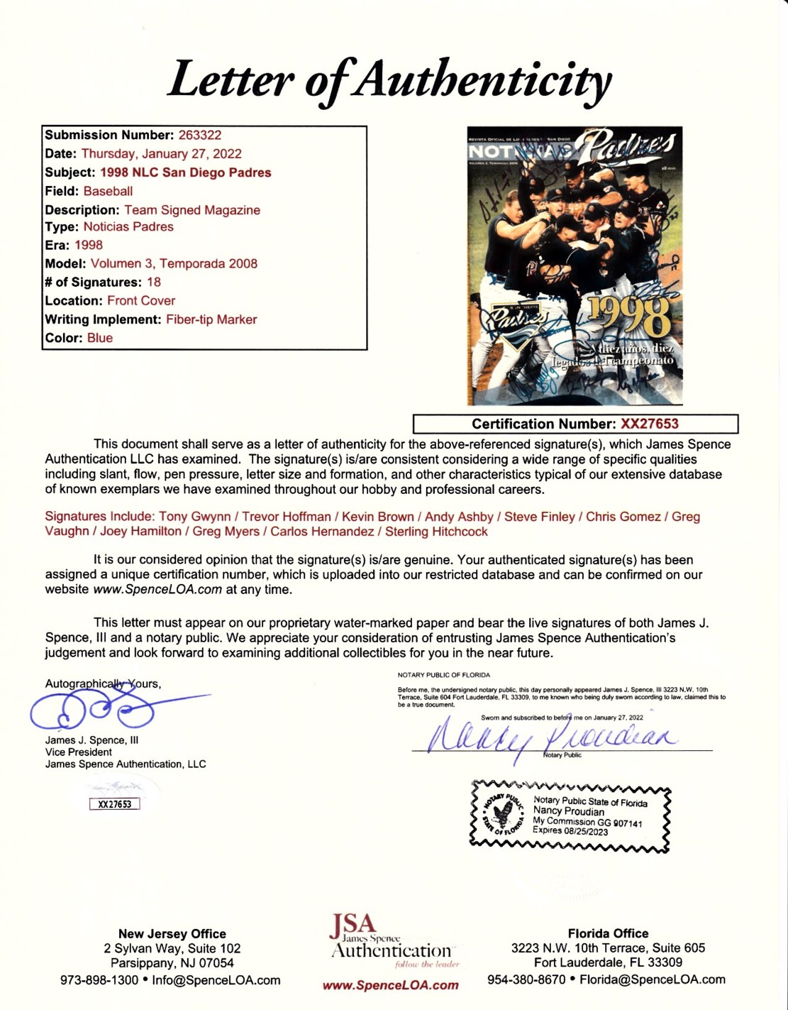 1998 San Diego Padres team autographed program Tony Gwynn Trevor Hoffman Greg Vaughn JSA 1998 San Diego Padres team autographed program Tony Gwynn Trevor Hoffman Greg Vaughn JSA