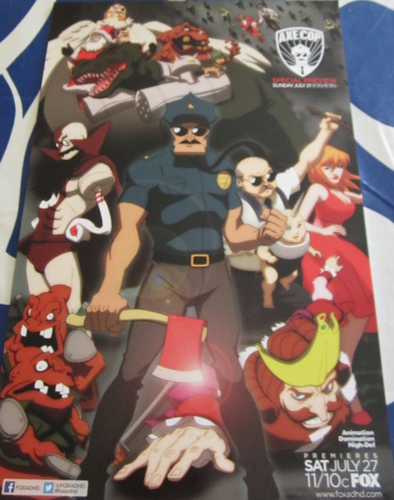 Axe Cop Fox Animation Domination 2013 ComicCon promo poster and ADHD sticker card