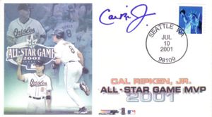 Cal Ripken autographed Baltimore Orioles 2001 All-Star Game MVP cachet envelope (Ironclad)
