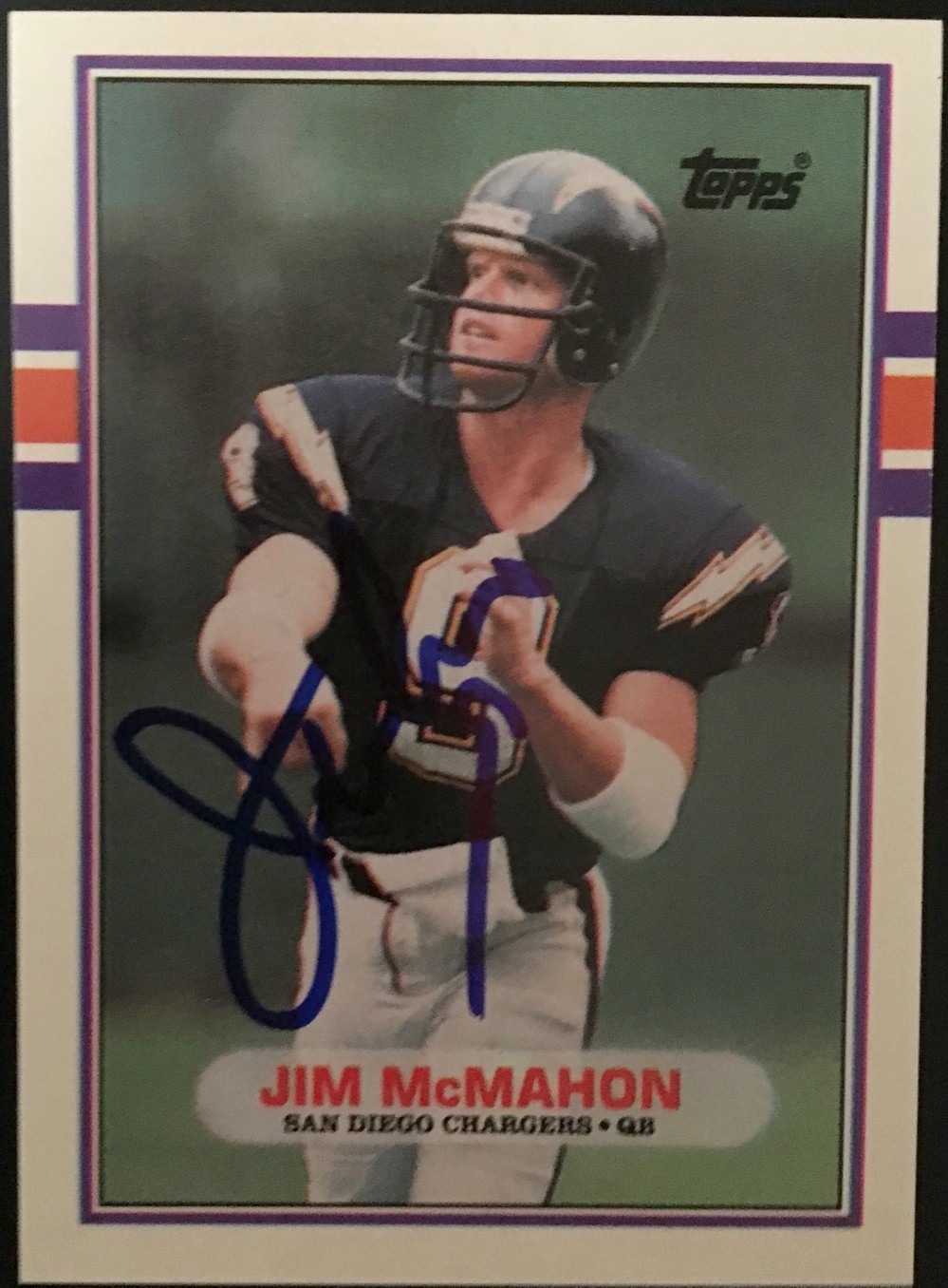 Jim McMahon Autographed San Diego Chargers 1989 Topps Traded Card 