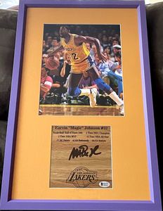Magic Johnson autographed Lakers 6x6 basketball floor custom framed with photo BAS