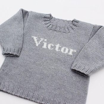 baby boy custom knit name sweater (pale grey and cream)
