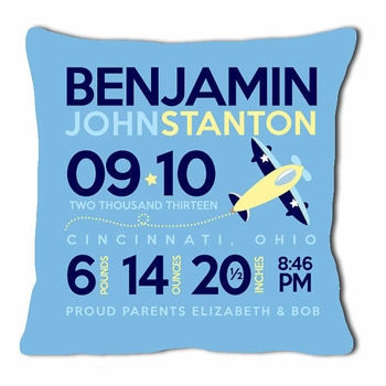 birth announcement new baby airplane pillow (blue)