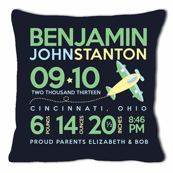 birth announcement new baby airplane pillow (dark)