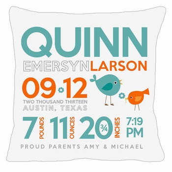 Birth Announcement New Baby Birdie Pillow (Aqua)