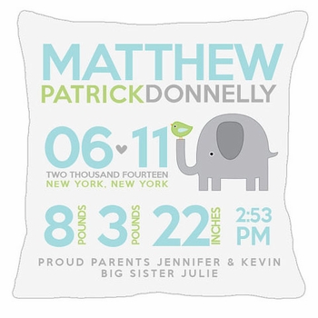 Birth Announcement New Baby Elephant Pillow (Aqua)