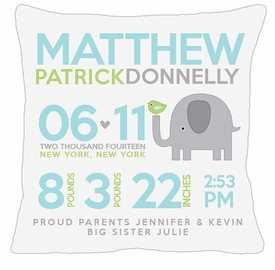 Birth Announcement New Baby Elephant Pillow (Aqua)