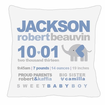 Birth Announcement New Baby Elephant Pillow (Gray)