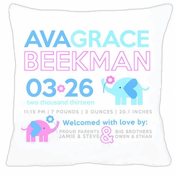 Birth Announcement New Baby Elephant Pillow (Pink)