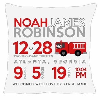 Birth Announcement New Baby Firetruck Pillow
