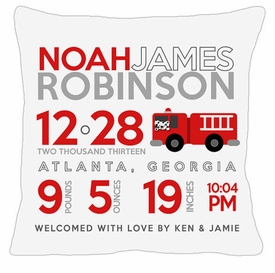 Birth Announcement New Baby Firetruck Pillow