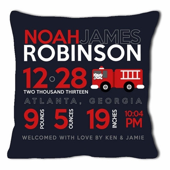 birth announcement new baby firetruck pillow (dark)