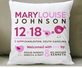 Birth Announcement New Baby Gift Birdie Pillow