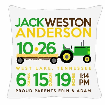 Birth Announcement New Baby Tractor Pillow