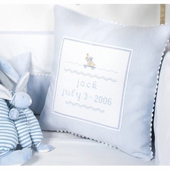 blue bunny on a skateboard hand embroidered pillow