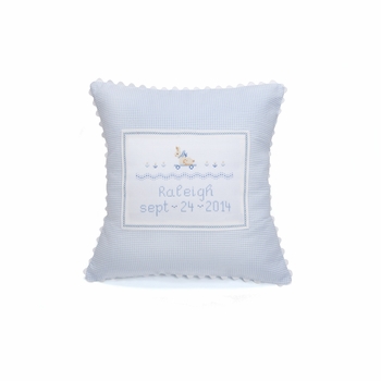 blue bunny on a skateboard hand embroidered pillow