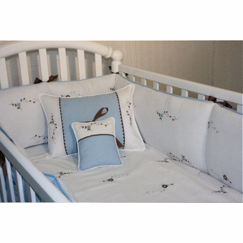 blue flowers and vines crib bedding