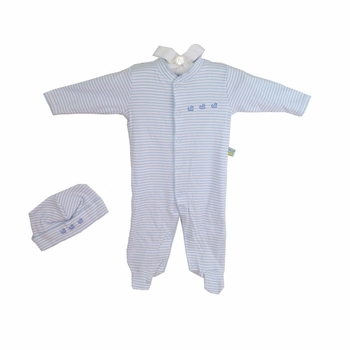 Blue Striped Romper and Hat with Ducks