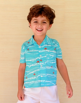 Camp Shirt - Turquoise Sailboat Print