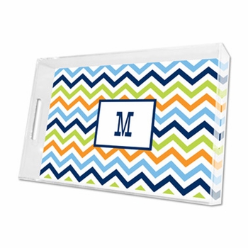 chevron blue, orange & lime lucite tray - large