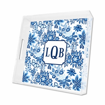 classic floral blue lucite tray - square
