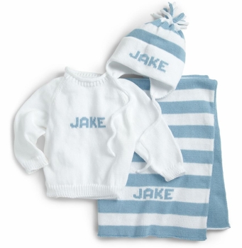 Custom Baby Boy Monogrammed Knit Set (Blanket, Sweater and Hat)