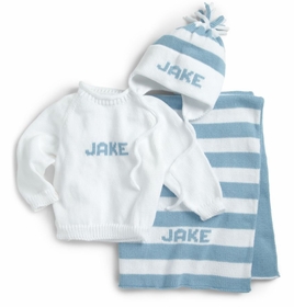 custom baby boy monogrammed knit set (blanket, sweater and hat)