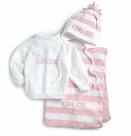 custom baby girl monogrammed knit set (blanket, sweater and hat)