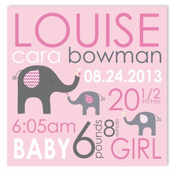 Elephant Love Girl Canvas Birth Announcement