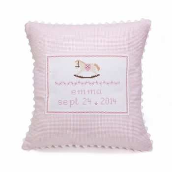 embroidered pink baby rocking horse pillow