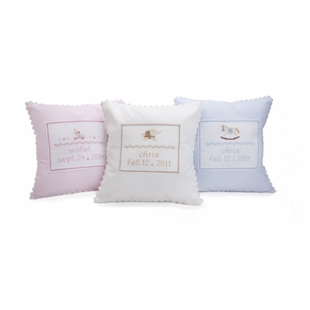 embroidered pink baby rocking horse pillow