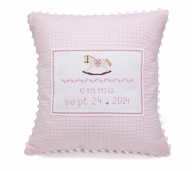embroidered pink baby rocking horse pillow