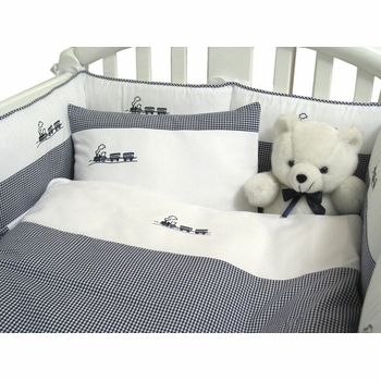 embroidered train crib bedding