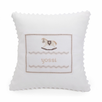 embroidered white baby rocking horse pillow