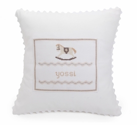 embroidered white baby rocking horse pillow