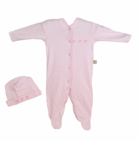 Pink Striped Romper and Hat Set with Ducks