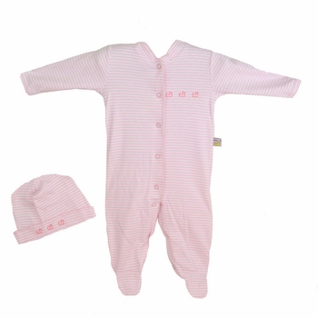 Pink Striped Romper and Hat Set with Ducks