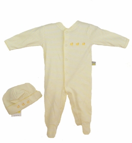 Yellow Striped Romper and Hat Set with Ducks