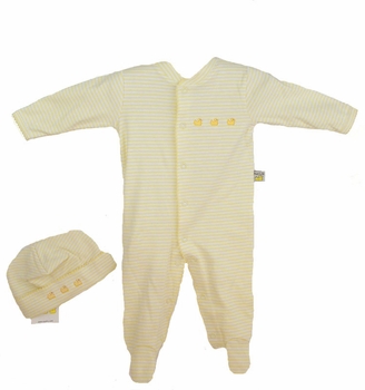 Yellow Striped Romper and Hat Set with Ducks