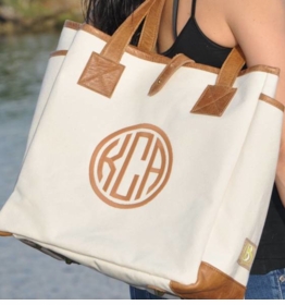 leather and canvas tote with monogram