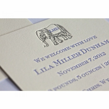 letterpress elephant baby announcement - lila