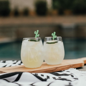 modern initial stemless wine glass