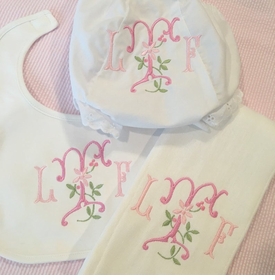 Monogrammed Bloomer, Burp Cloth and Bib Set with Floral Embroidery