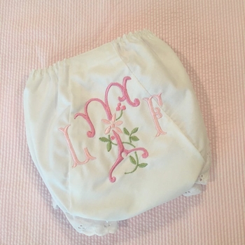 Monogrammed Bloomer, Burp Cloth and Bib Set with Floral Embroidery