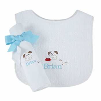 personalized bib and burp cloth set - puppy